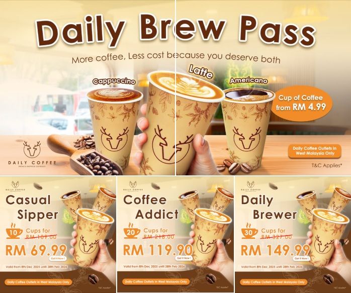 Daily Coffee Brew Pass Promotion: Coffee Cups From RM4.99 | 8 Dec 2025 – 28 Feb 2026 Daily Coffee Brew Pass Promotion: Coffee Cups From RM4.99 | 8 Dec 2025 – 28 Feb 2026