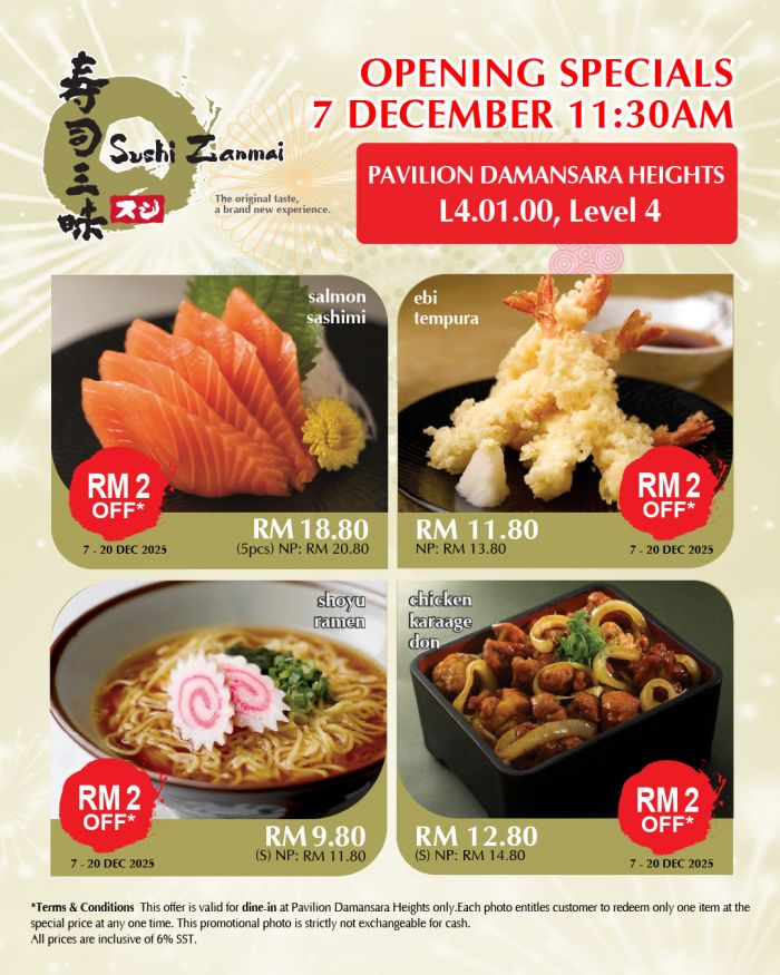 Sushi Zanmai Pavilion Damansara Heights Opening Promotion: RM2 OFF Selected Items | 7–20 Dec 2025 Sushi Zanmai Pavilion Damansara Heights Opening Promotion: RM2 OFF Selected Items | 7–20 Dec 2025