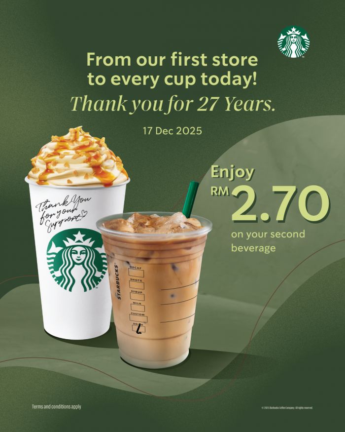 Starbucks Malaysia 27th Anniversary Promotion: Second Beverage RM2.70 | 17 December 2025 Starbucks Malaysia 27th Anniversary Promotion: Second Beverage RM2.70 | 17 December 2025