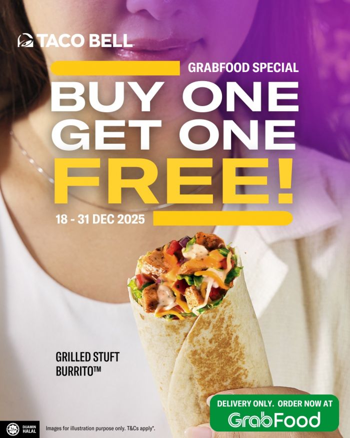 Taco Bell Buy 1 Free 1 GrabFood Promotion: Grilled Stuft Burrito | 18–31 Dec 2025 Taco Bell Buy 1 Free 1 GrabFood Promotion: Grilled Stuft Burrito | 18–31 Dec 2025