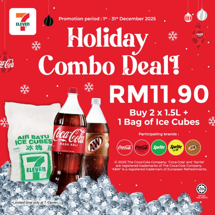 7-Eleven Holiday Combo Deal: 2 x 1.5L + Ice Cubes RM11.90 | 1–31 Dec 2025 7-Eleven Holiday Combo Deal: 2 x 1.5L + Ice Cubes RM11.90 | 1–31 Dec 2025