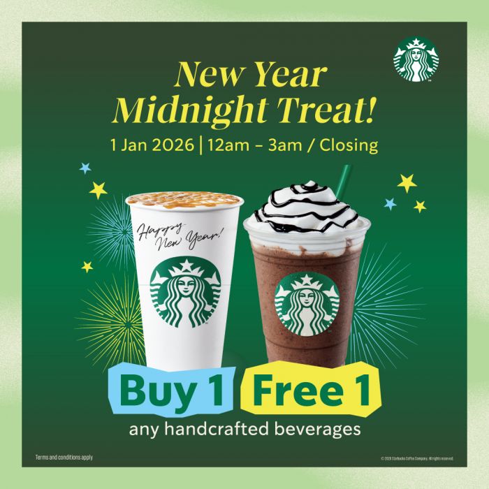 Starbucks New Year Midnight Treat: Buy 1 Free 1 Handcrafted Beverages | 1 Jan 2026 Starbucks New Year Midnight Treat: Buy 1 Free 1 Handcrafted Beverages | 1 Jan 2026