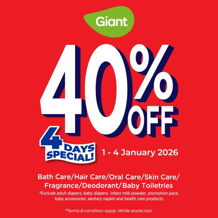 Giant 4 Days Special: 40% OFF Personal Care Promotion | 1-4 Jan 2026 Giant 4 Days Special: 40% OFF Personal Care Promotion | 1-4 Jan 2026