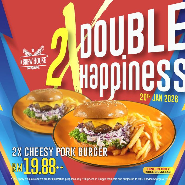 The Brew House Double Happiness: 2x Cheesy Pork Burgers for RM19.88++ | 20 Jan 2026 The Brew House Double Happiness: 2x Cheesy Pork Burgers for RM19.88++ | 20 Jan 2026