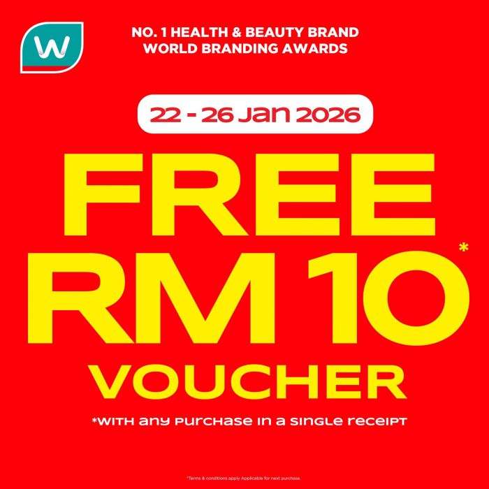 Watsons Free RM10 Voucher Promotion: With Any Purchase | 22-26 January 2026 Watsons Free RM10 Voucher Promotion: With Any Purchase | 22-26 January 2026