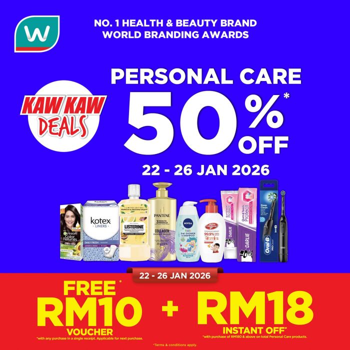 Watsons Promotion: Personal Care 50% OFF + Free RM10 Voucher | 22-26 January 2026 Watsons Promotion: Personal Care 50% OFF + Free RM10 Voucher | 22-26 January 2026