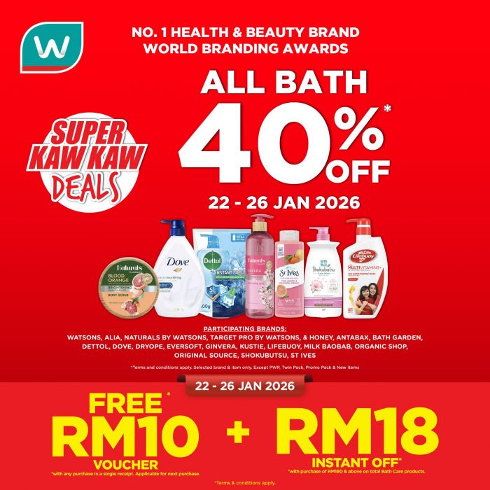 Watsons All Bath 40% OFF Promotion: Free Vouchers & Instant Rebates | 22-26 January 2026 Watsons All Bath 40% OFF Promotion: Free Vouchers & Instant Rebates | 22-26 January 2026