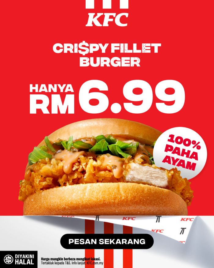 KFC Crispy Fillet Burger: 100% Chicken Thigh for Only RM6.99 KFC Crispy Fillet Burger: 100% Chicken Thigh for Only RM6.99