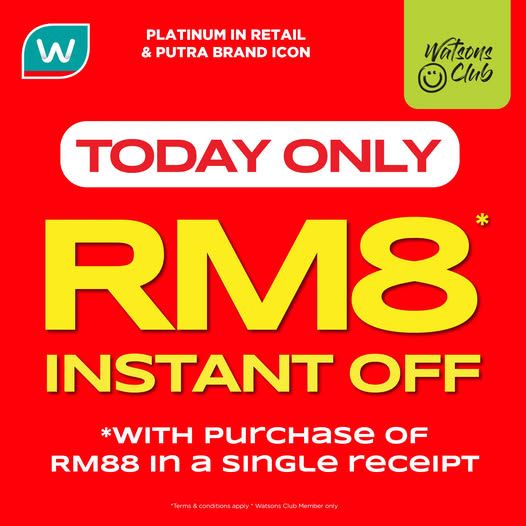 Watsons Member Promotion: RM8 Instant Off with RM88 Spend | 1 February 2026 Watsons Member Promotion: RM8 Instant Off with RM88 Spend | 1 February 2026