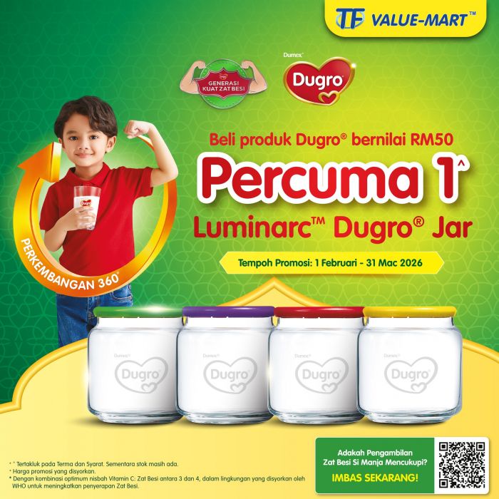 TF Value-Mart Dugro Promotion: Free Luminarc Jar with RM50 Purchase | 1 Feb - 31 Mar 2026 TF Value-Mart Dugro Promotion: Free Luminarc Jar with RM50 Purchase | 1 Feb - 31 Mar 2026