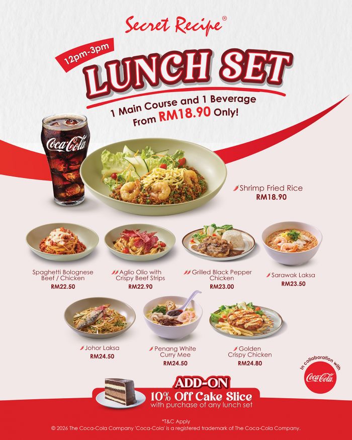 Secret Recipe Lunch Set: Main Course + Drink from RM18.90 | February 2026 Secret Recipe Lunch Set: Main Course + Drink from RM18.90 | February 2026