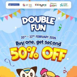 Kidzooona & Participating Brands Double Fun Promotion: Buy 1 Get 2nd 50% OFF | 20-22 February 2026