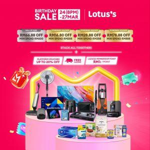 Lotus's Sale @ Lazada Birthday Sale: Vouchers Up To RM78.88 OFF + Free Shipping | 24-27 March 2026