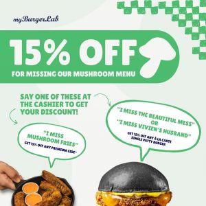 myBurgerLab Promotion: Missing Mushroom Menu - 15% OFF Burgers & Sides | 26-29 March 2026