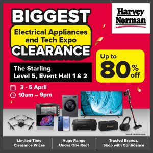 Harvey Norman Clearance Sale @ The Starling: Tech Expo Clearance - Up to 80% OFF | 3 - 5 April 2026