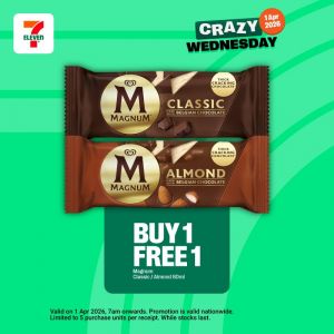 7-Eleven Buy 1 Free 1 Magnum Ice Cream: Crazy Wednesday - Buy 1 Free 1 | 1 Apr 2026