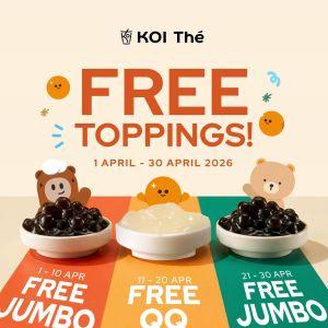 KOI Promotion: Member Exclusive - FREE Topping (Jumbo & QQ Jelly) | 1-30 Apr 2026