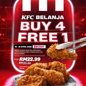 KFC Buy 4 Free 1: Belanja Promo - 5 Chicken RM22.99 | 16-18 April 2026