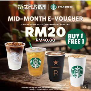 Starbucks Lazada Mid Month Sale: Brands Sale - Buy 1 Free 1 E-Voucher at RM20 | 14-17 April 2026
