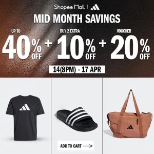 Adidas Shopee Mid Month Sale: Mid Month Savings - Up to 40% OFF + 20% Voucher | 14-17 April 2026