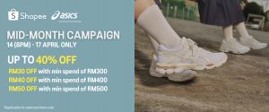 Asics Shopee Mid Month Sale: Mid-Month Campaign - Up to 40% OFF & RM50 Voucher | 14-17 April 2026