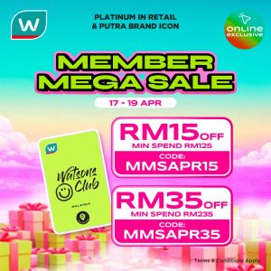 Watsons Member Sale: Member Mega Sale - Up to RM35 OFF Promo Codes | 17-19 April 2026