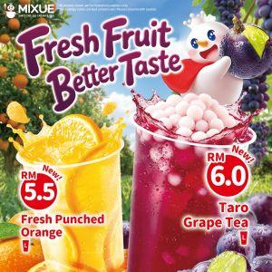 MIXUE Menu: Fresh Fruit Series Drop - Taro Grape Tea at RM6 & Orange at RM5.50 | April 2026
