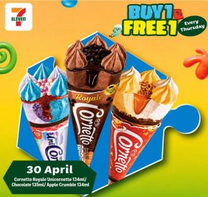 7-Eleven Buy 1 Free 1 Ice Cream: Every Thursday - Buy 1 Free 1 Cornetto | 30 April 2026