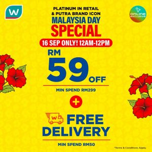 Watsons Malaysia Day Promotion: Online Exclusive - RM59 OFF + Free Delivery | 16 Sep 2026