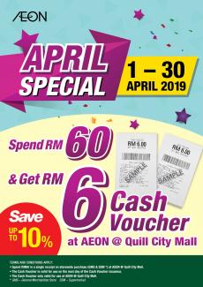 AEON Quill City Mall April Promotion FREE RM6 Cash Voucher (1 Apr 2019 - 30 Apr 2019)