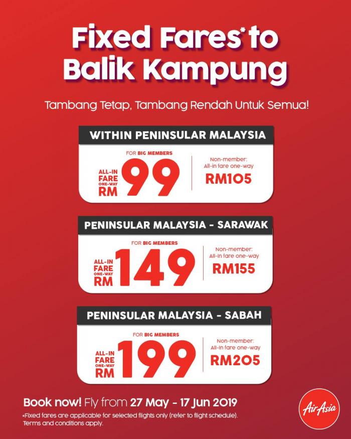 AirAsia Fixed Fares to Balik Kampung Promotion (27 May 2019 - 17 June 2019)