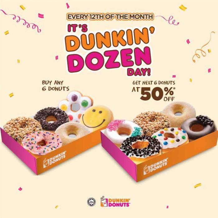 Dunkin Donuts Dozen Day Promotion 50% OFF on Next 6 Donuts (12 June 2019)