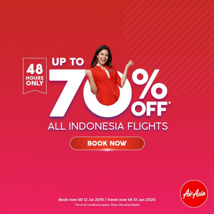 AirAsia 48 Hours Indonesia Flights Sale Up To 70% OFF (valid until 12 July 2019)