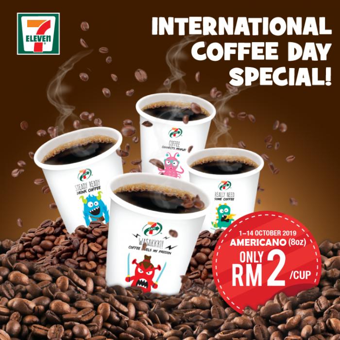 7-Eleven International Coffee Day Promotion Americano Only RM2 (1 October 2019 - 14 October 2019)
