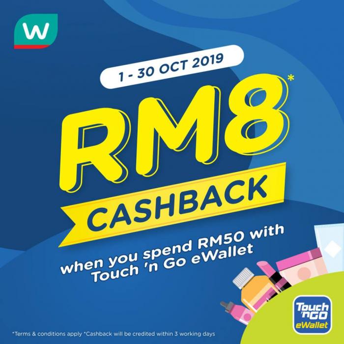 Watsons RM8 Cashback Promotion With Touch 'n Go eWallet (1 October 2019 - 30 October 2019)