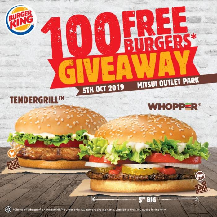 Burger King Mitsui Outlet Park Opening Promotion FREE Burgers (5 October 2019 - 5 October 2019)