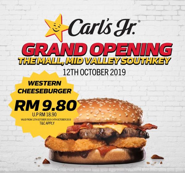 Carl's Jr. The Mall Mid Valley Southkey Opening Promotion Western Cheeseburger only RM9.80 (12 October 2019 - 14 October 2019)