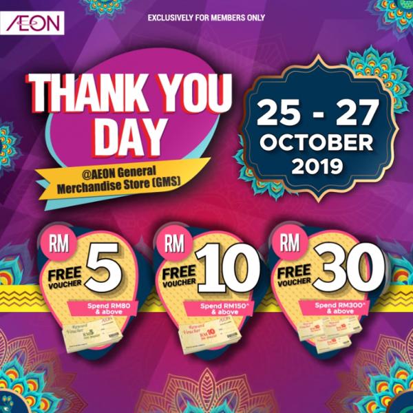 AEON Thank You Day Promotion FREE Cash Voucher (25 October 2019 - 27 October 2019)