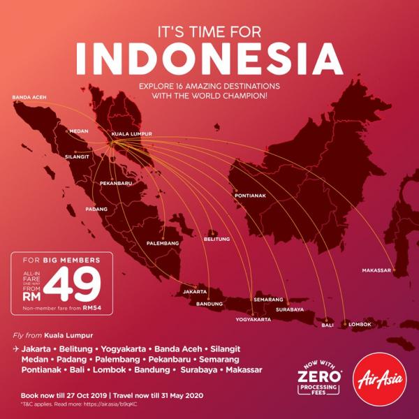 AirAsia Flight to Indonesia Promotion as low as RM49 (valid until 27 October 2019)