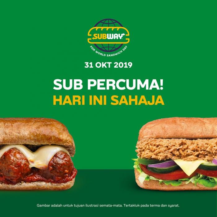 Subway World Sandwich Day Buy 1 FREE 1 Promotion (31 October 2019)