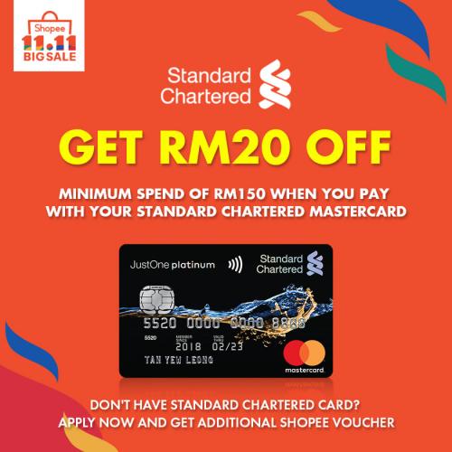 Shopee 11.11 Sale FREE RM20 OFF Voucher Promotion With Standard Chartered Card (24 October 2019 - 10 November 2019)