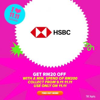 Lazada 11.11 Sale HSBC FREE RM20 OFF Voucher Promotion (9 Nov 2019 - 11 Nov 2019)