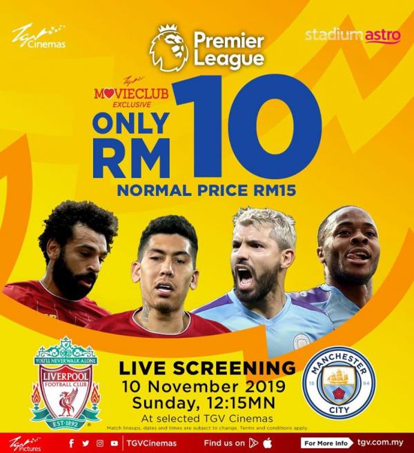 TGV Cinemas Live Screening English Premier League Liverpool vs Manchester City for only RM10 (10 November 2019)