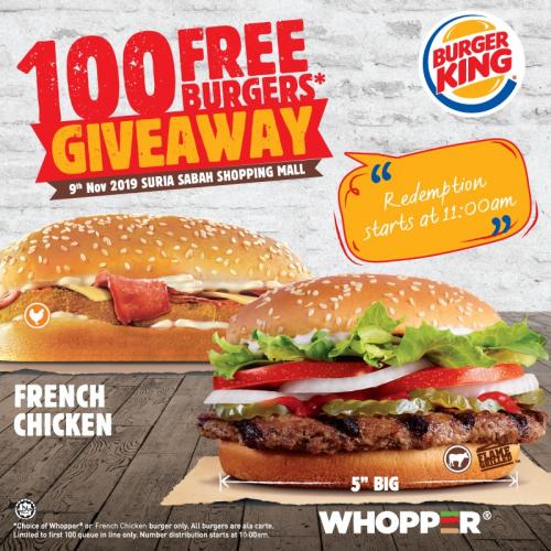 Burger King Suria Sabah Opening Promotion FREE Burgers (9 November 2019)
