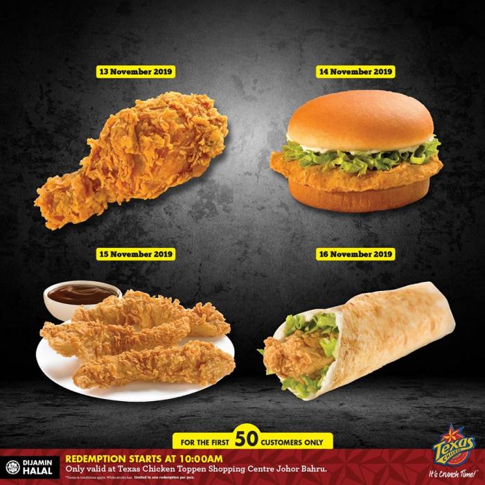 Texas Chicken Toppen Shopping Centre Opening Promotion FREE Food (13 November 2019 - 16 November 2019)