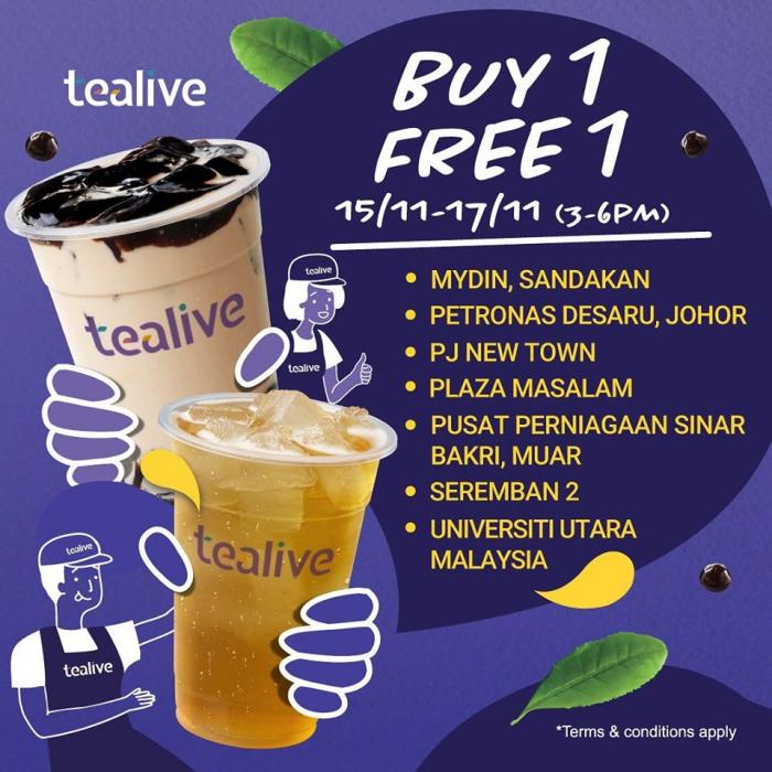 Tealive Buy 1 FREE 1 Promotion at 13 Selected Outlets (15 November 2019 - 17 November 2019)