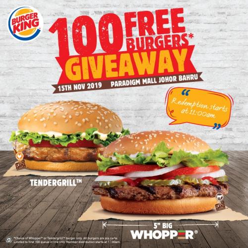 Burger King Paradigm Mall JB Opening Promotion FREE Burgers & Chicken (15 November 2019 - 14 December 2019)