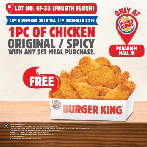 Burger King Paradigm Mall JB Opening Promotion FREE Burgers & Chicken (15 November 2019 - 14 December 2019)
