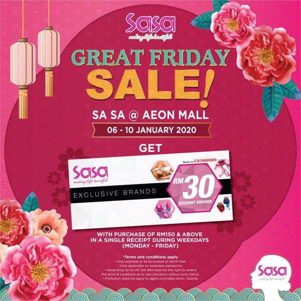 Sasa Great Friday Sale FREE Voucher at AEON Mall (6 January 2020 - 10 January 2020)