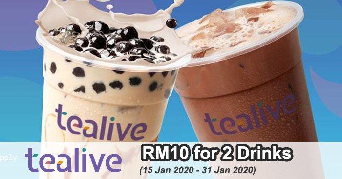 Tealive RM10 for 2 Drinks Promotion With Touch 'n Go eWallet (15 Jan 2020 - 31 Jan 2020)